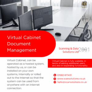 a white table with computers and a red and white text, virtual cabinet